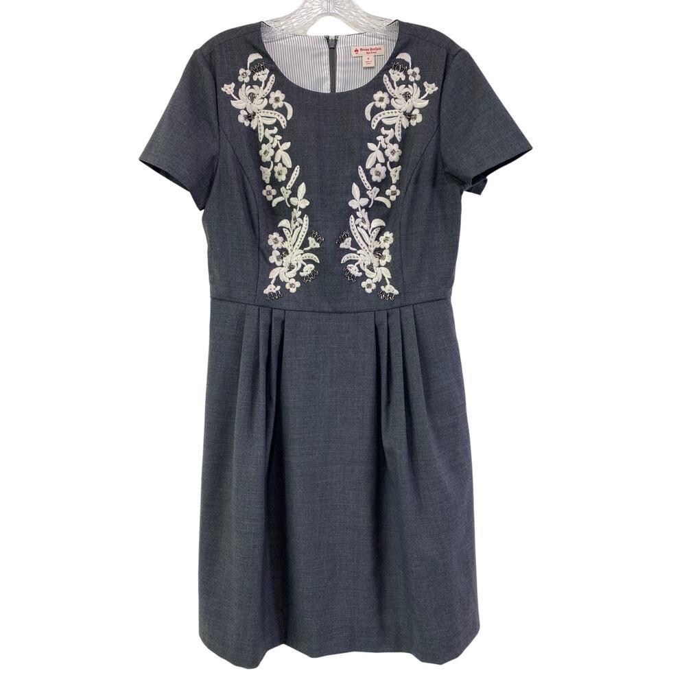 Brooks Bros Red Fleece Wool Blend Floral Embroidered Beads Pleated Shift Dress 8